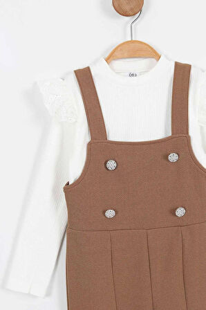 Miniğimin Cicileri Askılı Taş Düğme Detaylı Tulum ve Fırfırlı Beyaz Bluz Kız Çocuk Takım - Kahveren