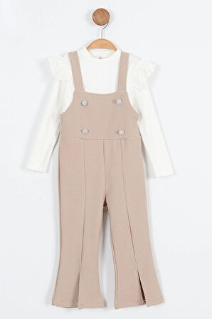 Miniğimin Cicileri Askılı Taş Düğme Detaylı Tulum ve Fırfırlı Beyaz Bluz Kız Çocuk Takım - Bej