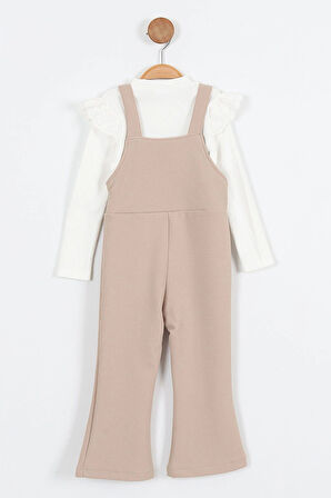 Miniğimin Cicileri Askılı Taş Düğme Detaylı Tulum ve Fırfırlı Beyaz Bluz Kız Çocuk Takım - Bej