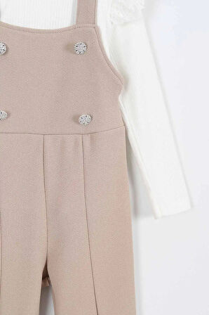 Miniğimin Cicileri Askılı Taş Düğme Detaylı Tulum ve Fırfırlı Beyaz Bluz Kız Çocuk Takım - Bej