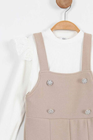 Miniğimin Cicileri Askılı Taş Düğme Detaylı Tulum ve Fırfırlı Beyaz Bluz Kız Çocuk Takım - Bej