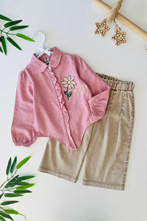 Miniğimin Cicileri Papatya Baskılı Bağlama Detaylı Bol Pantolunlu Kız Çocuk 2 li Takım - Pembe