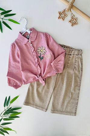 Miniğimin Cicileri Papatya Baskılı Bağlama Detaylı Bol Pantolunlu Kız Çocuk 2 li Takım - Pembe