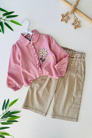 Miniğimin Cicileri Papatya Baskılı Bağlama Detaylı Bol Pantolunlu Kız Çocuk 2 li Takım - Pembe