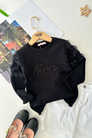 Miniğimin Cicileri Kol Tül Detaylı Taşlı Kız Çocuk Kot Etekli 2 li Takım - SiyahBeyaz