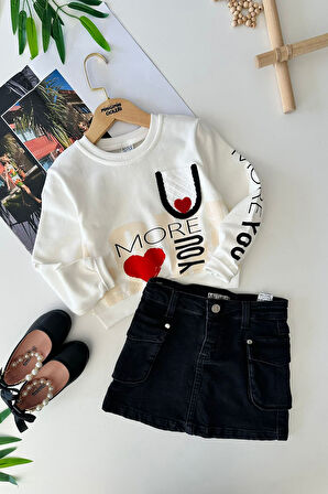 Miniğimin Cicileri Kalp Baskılı Örgü  Detaylı Kot Etekli Kız Çocuk Takım - Beyaz