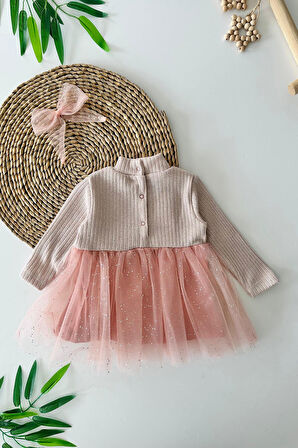 Miniğimin Cicileri Simli Tütülü Kız Bebe Elbise - Pudra