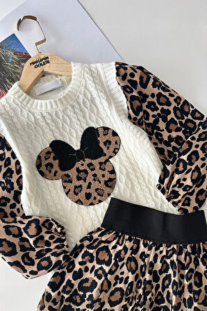 Miniğimin Cicileri Mnn Aplike Triko Detaylı Balon Etekli 2 li Takım - Kahve