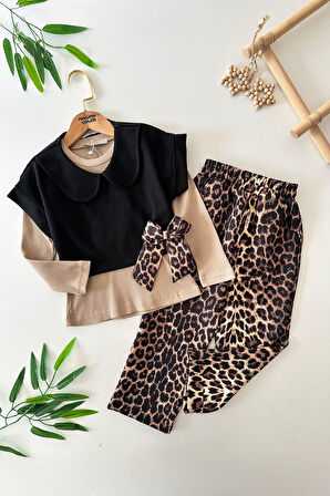 Miniğimin Cicileri Leopar Fiyonk Detaylı 3 lü Kız Çocuk Takım - Kahve