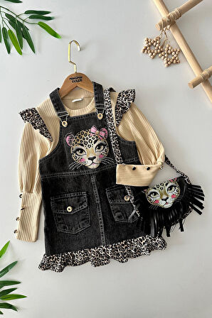 Miniğimin Cicileri (5-8 yaş) Leopar detaylı Çantalı Kız Çocuk Jile Takım - Siyah