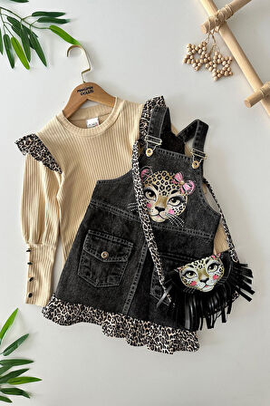 Miniğimin Cicileri (5-8 yaş) Leopar detaylı Çantalı Kız Çocuk Jile Takım - Siyah