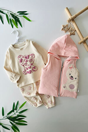 Miniğimin Cicileri Sevimli Ayıcıl Desenli Kız Bebe Şişme Yelekli 3 lü Takım - Bej