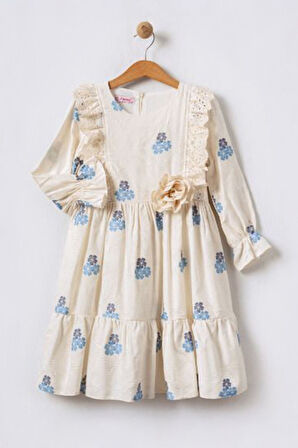 Miniğimin Cicileri Çiçek Desenli Kız Çocuk Fisto Detaylı Elbise - Mavi