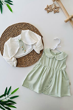 Miniğimin Cicileri Asimetrik Kesim Elbise ve Bolerolu Kız Bebe Takım - Yeşil