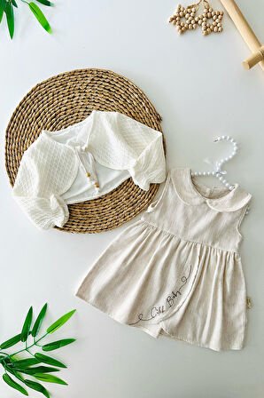 Miniğimin Cicileri Asimetrik Kesim Elbise ve Bolerolu Kız Bebe Takım - Krem