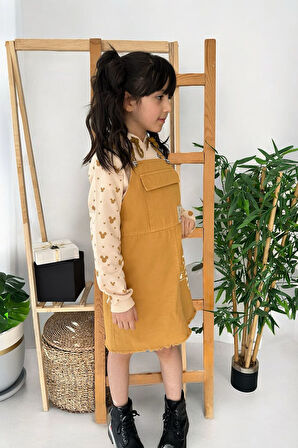 Miniğimin Cicileri (10-13 Yaş) Gabardin Salopet Kapüşonlu Mnn Baskılı Sweat 2 li Takım - Hardal