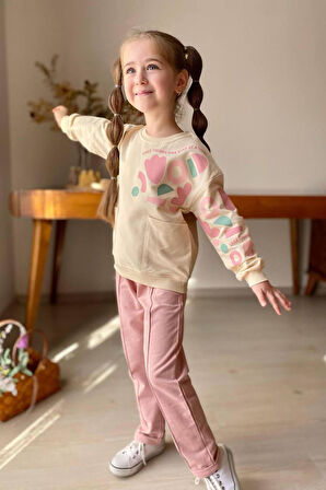 Miniğimin Cicileri Geometrik Lale Baskılı Çimalı Kız Çocuk Takım - Pembe