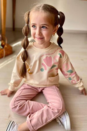 Miniğimin Cicileri Geometrik Lale Baskılı Çimalı Kız Çocuk Takım - Pembe