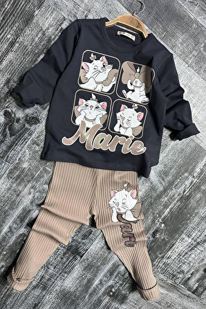 Miniğimin Cicileri Marie  Baskılı  Fitilli Kız Çocuk Taytlı Takım - Bej