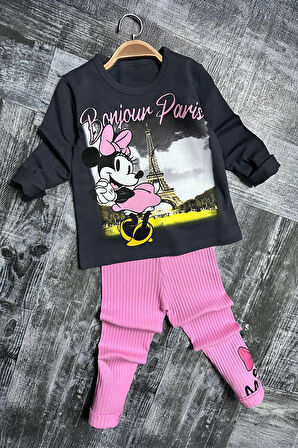 Miniğimin Cicileri Mnn Paris Desen Fitilli Kız Çocuk Taytlı Takım - Pembe