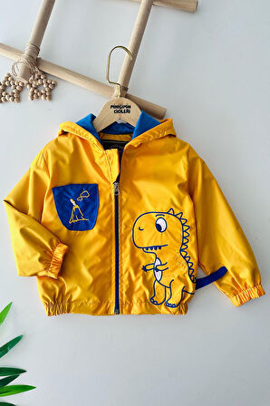 Miniğimin Cicileri Dino Baskılı Erkek Çocuk Kapüşonlu Yağmurluk - Sarı