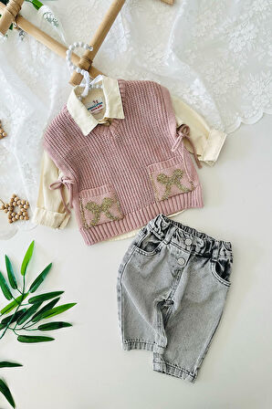 Miniğimin Cicileri Fiyonk Cep Detaylı Trikolu Kız Bebe 3 lü Takım - Pembe