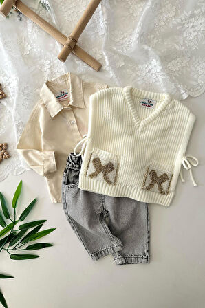 Miniğimin Cicileri Fiyonk Cep Detaylı Trikolu Kız Bebe 3 lü Takım - Krem