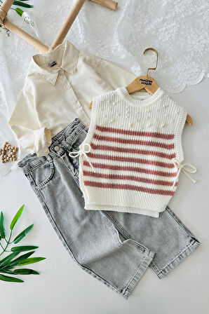 Miniğimin Cicileri Taş Detaylı Trikolu Kız Çocuk 3 lü Takım - Pembe