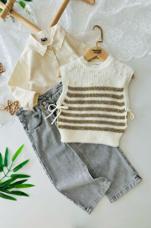 Miniğimin Cicileri Taş Detaylı Trikolu Kız Çocuk 3 lü Takım - Altın