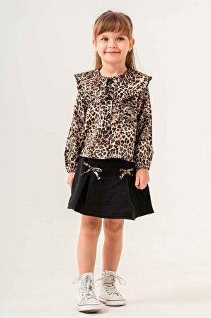 Miniğimin Cicileri Leopar Gömlekli Fiyonk Detaylı Kız Çocuk 2 li Takım - Kahve