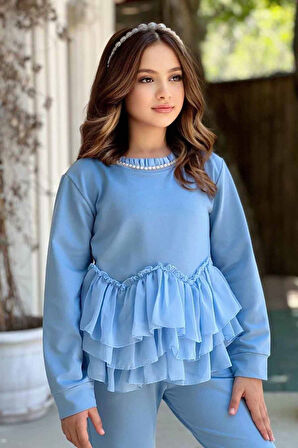 Miniğimin Cicileri Taş Detaylı Yırtmaçlı Pantolonlu Kız Çocuk Takım - Mavi