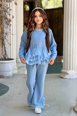 Miniğimin Cicileri Taş Detaylı Yırtmaçlı Pantolonlu Kız Çocuk Takım - Mavi