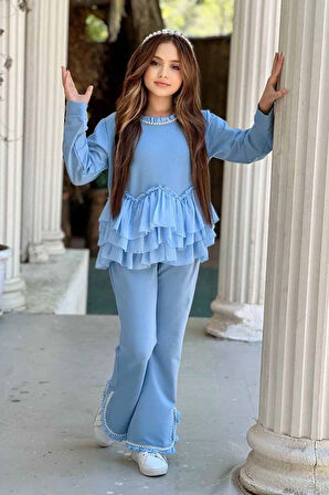 Miniğimin Cicileri Taş Detaylı Yırtmaçlı Pantolonlu Kız Çocuk Takım - Mavi