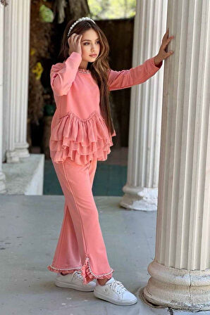 Miniğimin Cicileri Taş Detaylı Yırtmaçlı Pantolonlu Kız Çocuk Takım - Mercan