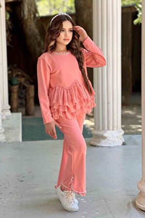 Miniğimin Cicileri Taş Detaylı Yırtmaçlı Pantolonlu Kız Çocuk Takım - Mercan