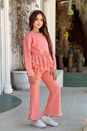 Miniğimin Cicileri Taş Detaylı Yırtmaçlı Pantolonlu Kız Çocuk Takım - Mercan