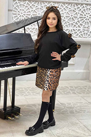 Miniğimin Cicileri Leopar Yaldız Etekli Ponpon Detaylı Kız Çocuk 4 lü kombin - Siyah