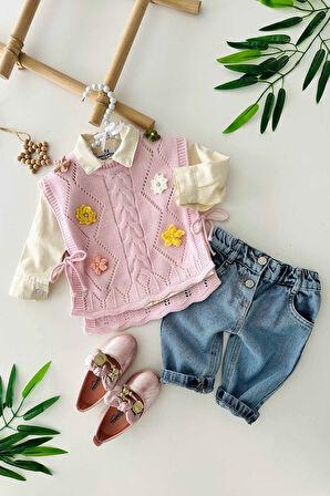 Miniğimin Cicileri Lüx Çiçek Detaylı Triko 3 Parça Kız Bebe Takım - Pembe