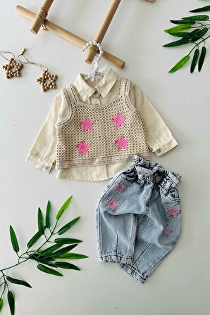 Miniğimin Cicileri Lüx Yıldız Detaylı Triko 3 Parça Kız Bebe Takım - Pembe