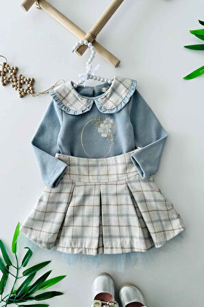 Miniğimin Cicileri Bebe Yaka Çiçek Nakış Detaylı Tüllü Kız Çocuk Takım - Bebe Mavi