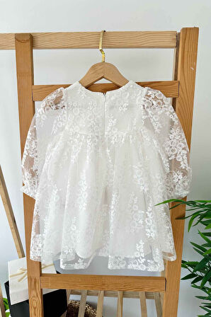 Miniğimin Cicileri Dantel Detaylı Kız Çocuk Pamuk Astarlı Elbise - Beyaz