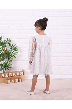 Miniğimin Cicileri Dantel Detaylı Kız Çocuk Pamuk Astarlı Elbise - Beyaz