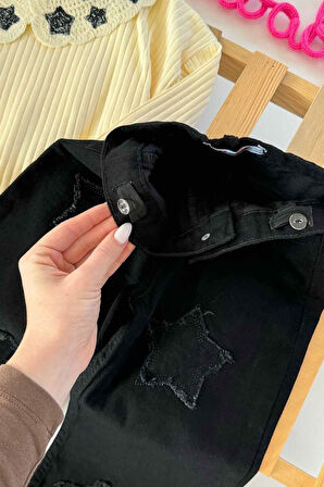 Miniğimin Cicileri Yıldız Yaka Desenli Kot Pantolonlu Kız Çocuk 2 li Takım - Siyah