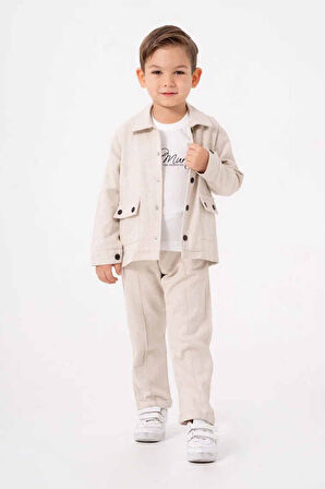 Miniğimin Cicileri Çimalı Erkek Çocuk Düğmeli Ceketli 3 lü Takım - Krem