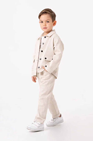 Miniğimin Cicileri Çimalı Erkek Çocuk Düğmeli Ceketli 3 lü Takım - Krem