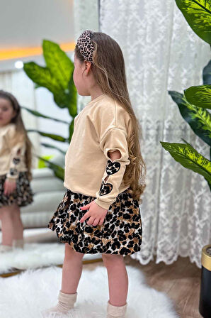 Miniğimin Cicileri Kol Kalp Detaylı Leopar Desenli Kız Çocuk Etekli 2 li Takım - Krem
