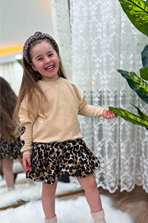 Miniğimin Cicileri Kol Kalp Detaylı Leopar Desenli Kız Çocuk Etekli 2 li Takım - Krem