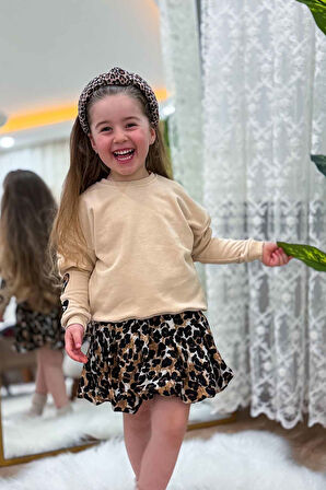 Miniğimin Cicileri Kol Kalp Detaylı Leopar Desenli Kız Çocuk Etekli 2 li Takım - Krem