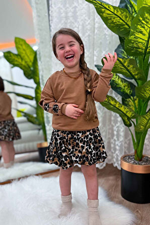 Miniğimin Cicileri Kol Kalp Detaylı Leopar Desenli Kız Çocuk Etekli 2 li Takım - Kahverengi