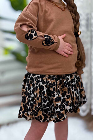 Miniğimin Cicileri Kol Kalp Detaylı Leopar Desenli Kız Çocuk Etekli 2 li Takım - Kahverengi